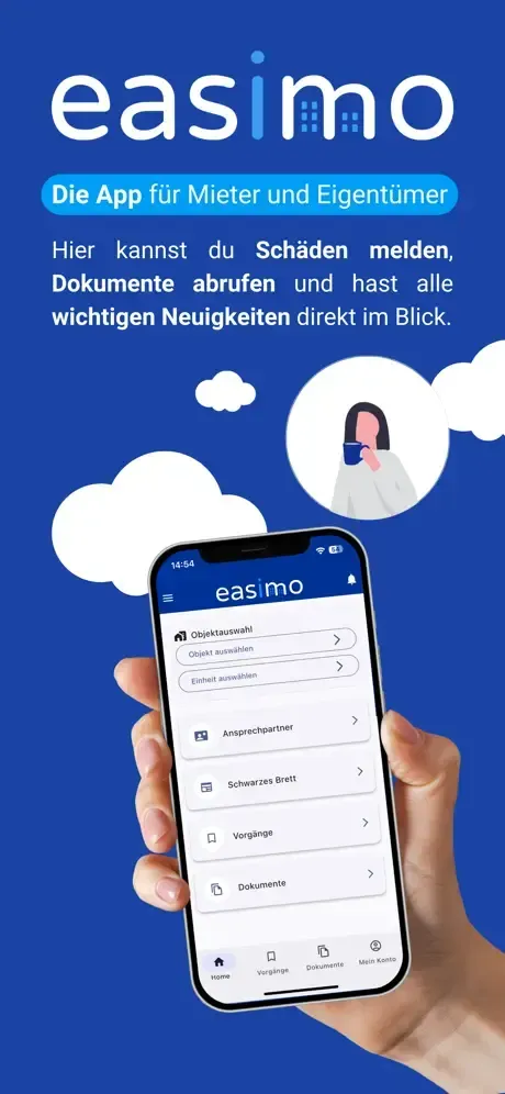 App-Slide "easimo – Die App für Mieter und Eigentümer. Hier kannst du Schäden melden, Dokumente abrufen und hast alle wichtigen Neuigkeiten direkt im Blick.