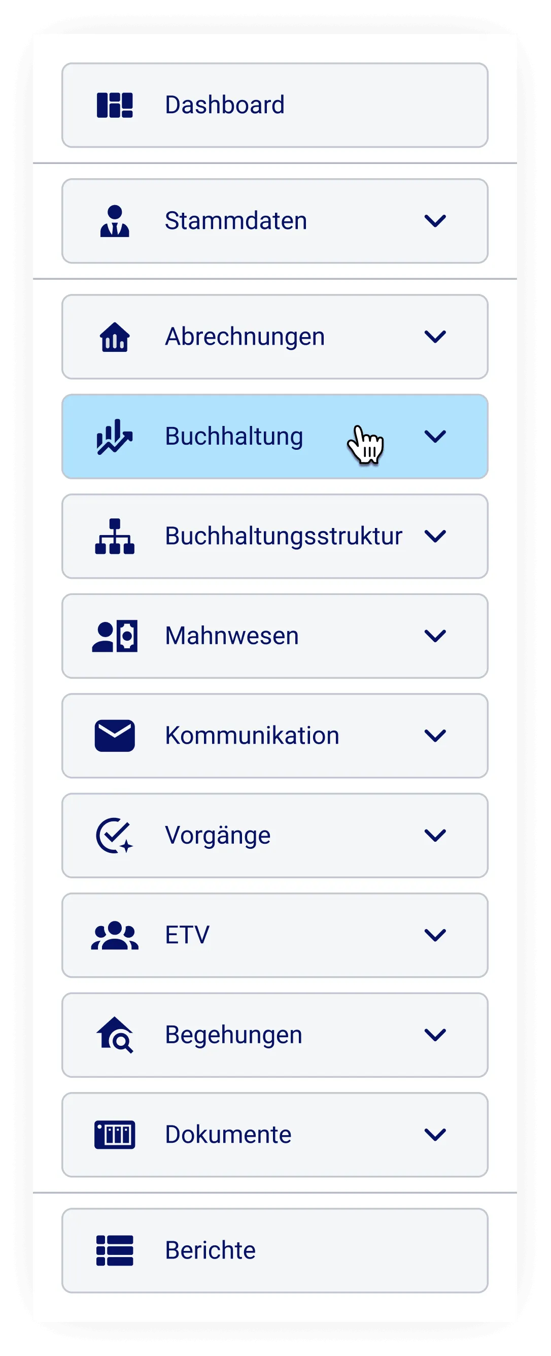 Menü der easimo-App-Oberfläche mit Menüpunkten wie Dashboard, Stammdaten, Abrechnungen oder Buchhaltung
