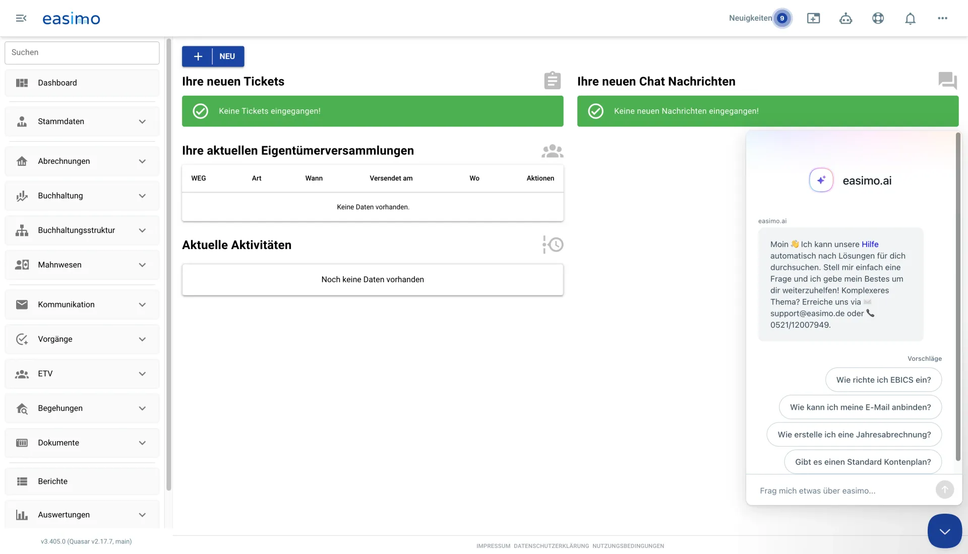easimo KI-Hilfe-Chat easimo.ai, in jeder Ansicht der Software aufrufbar