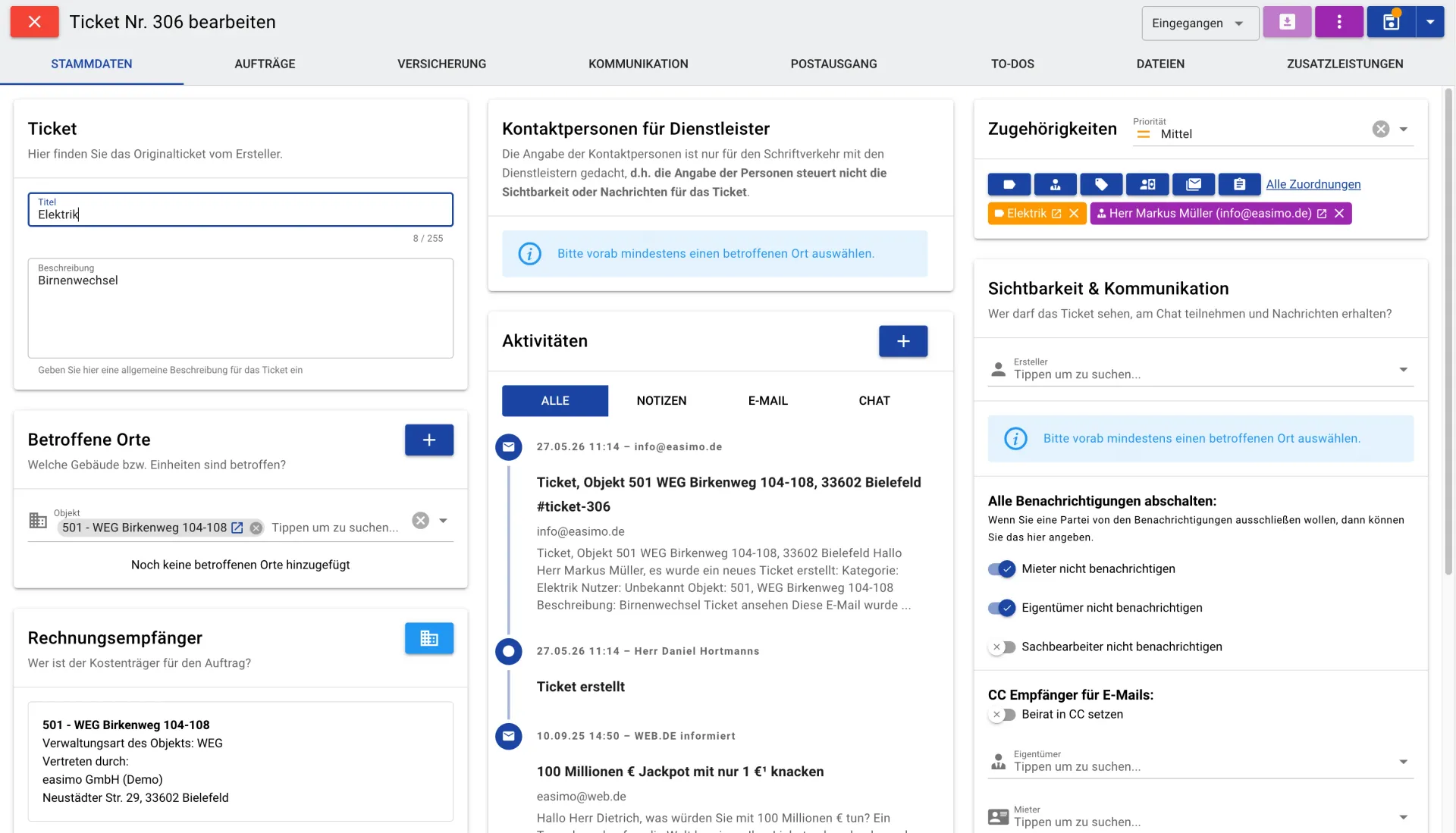 Ticket-Detailansicht mit chronologischer Aktivitäten-Historie in der easimo Vorgangsverwaltung