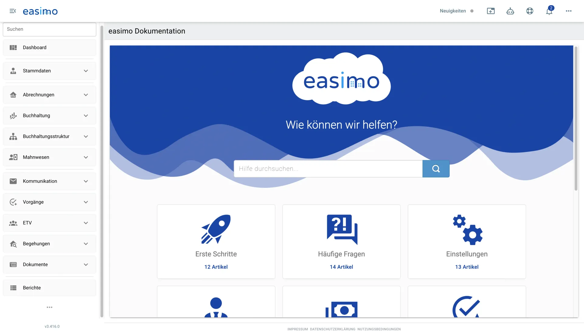 easimo Wissensdatenbank/Hilfe-Center mit Artikelkategorien und Suchfunktion