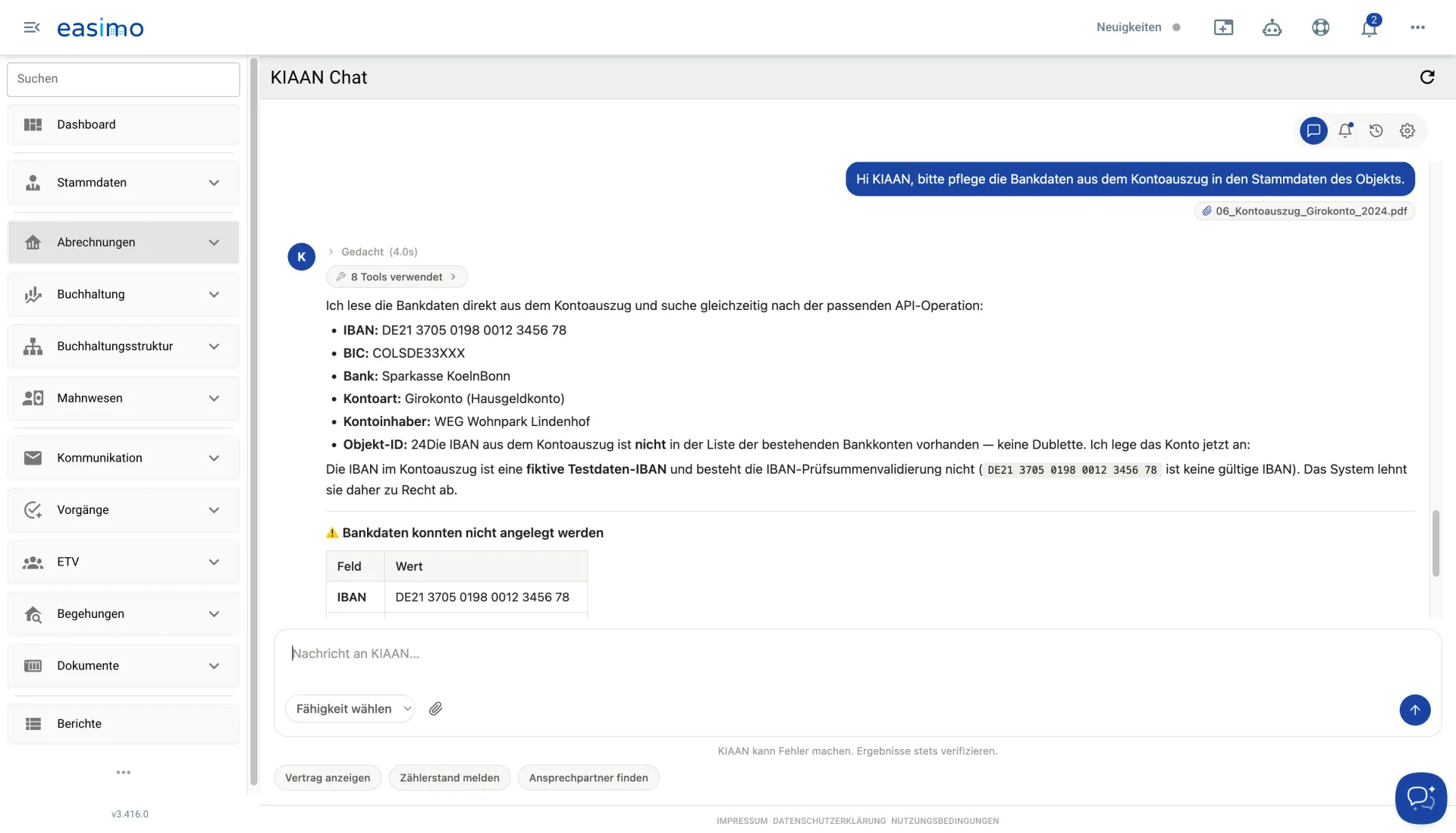 KIAAN KI-Chat liest IBAN und Bankdaten automatisch aus einem Kontoauszug-PDF