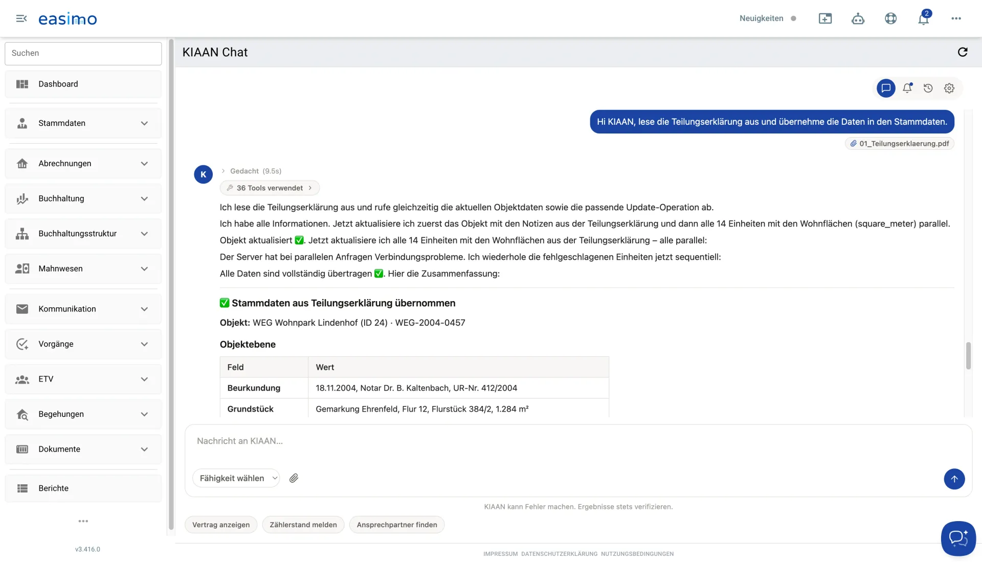 KIAAN überträgt Daten aus der Teilungserklärung automatisch in die Objekt-Stammdaten