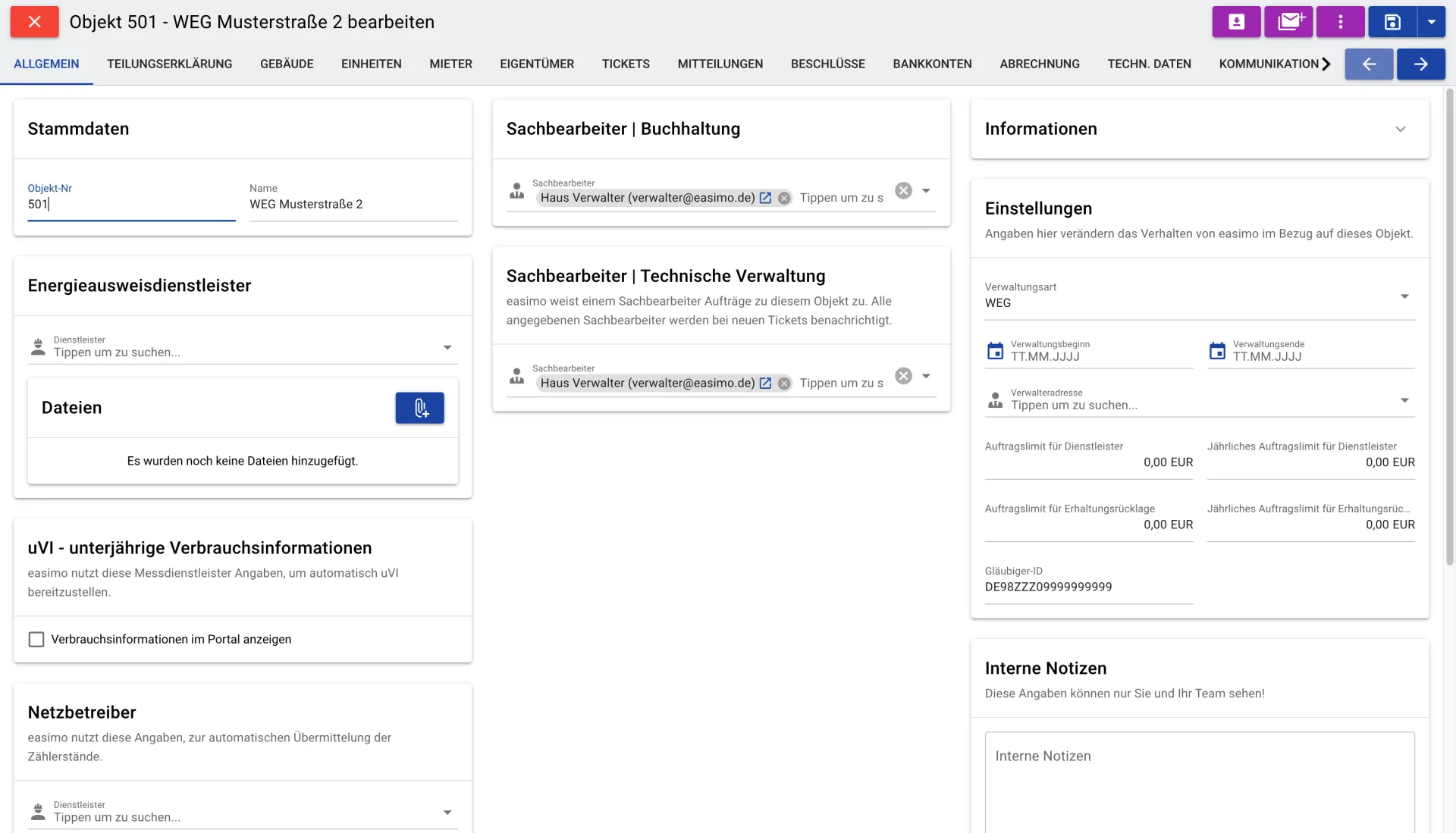 Stammdaten eines WEG-Objekts mit Sachbearbeitern, Auftragslimits und Gläubiger-ID in easimo