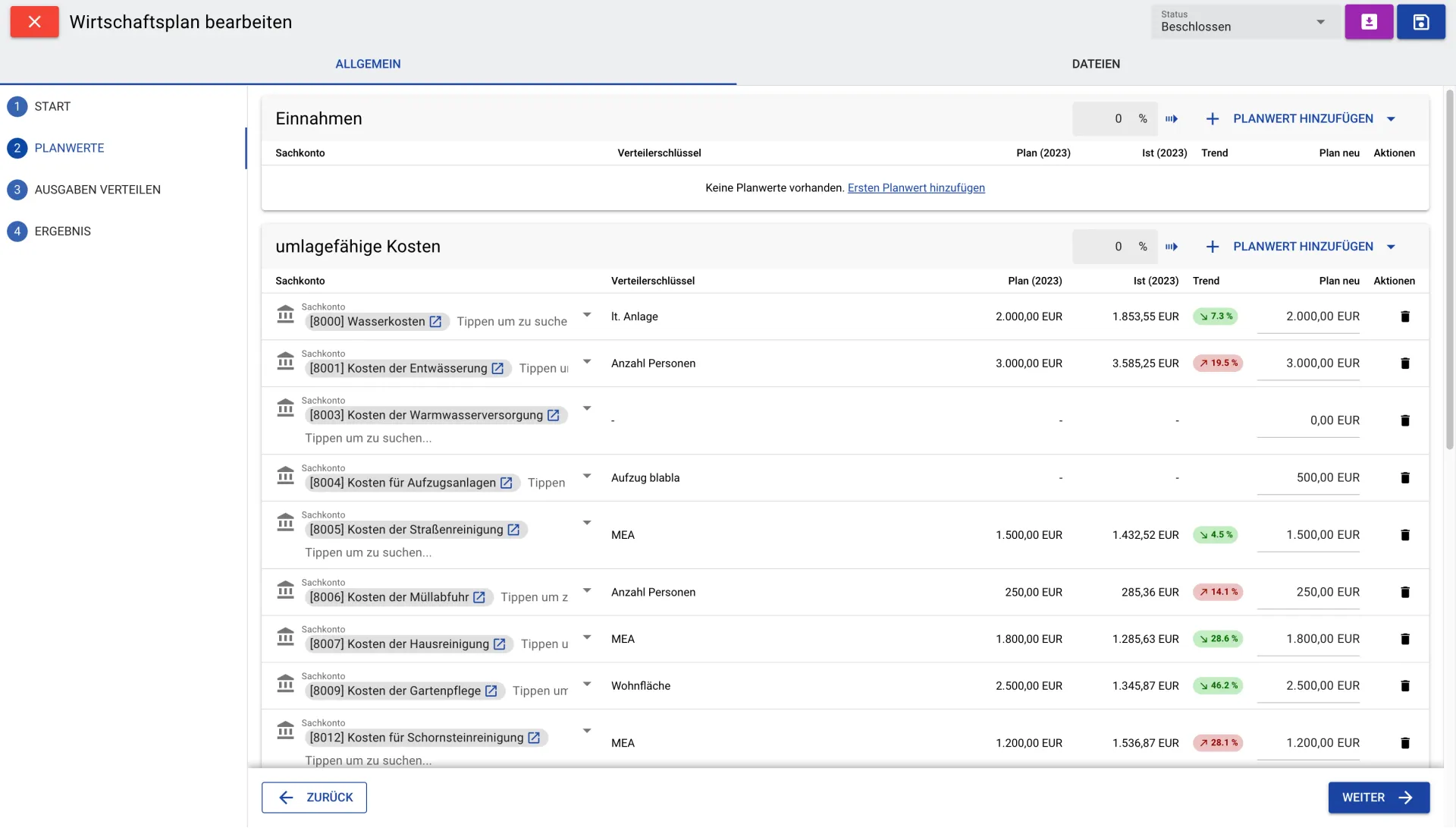 Wirtschaftsplan mit Sachkonten, VerteilerschlĂĽssel und Plan-Ist-Vergleich in der easimo Software